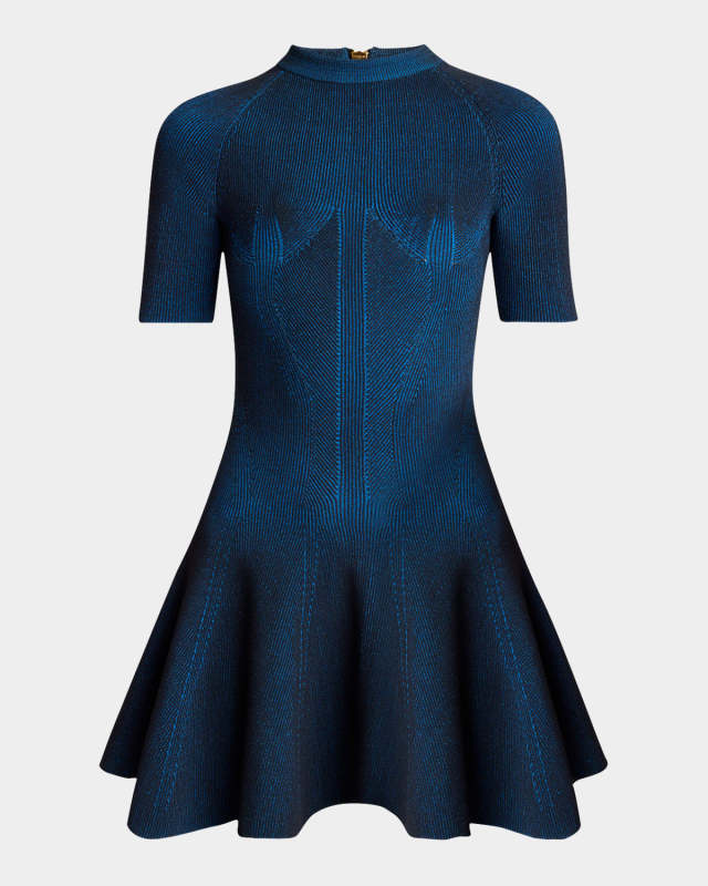 Short-Sleeve Rib Knit Fit-&-Flare Mini Dress